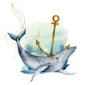 Watercolor underwater card with blue whale. Hand painted composition with anchor and golden laminaria isolated on white Royalty Free Stock Photo