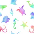 Watercolor underwater color fishes and animals shapes seamless pattern on white background Royalty Free Stock Photo