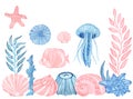 Watercolor Underwater creatures. Sea Urchin, fish, sea shells, Sea star, Jelly fish, algae, corals and stones