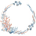 Watercolor underwater floral wreath with corals and leaves, hand drawn illustration