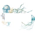 Watercolor underwater frame of jellyfishes, linear laminaria and gold corals. Tropical animals and plant isolated on
