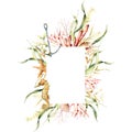 Watercolor underwater frame of seahorse, anchor, corals and laminaria. Hand painted illustration isolated on white