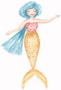 Watercolor underwater illustration with mermaid in blue color, cute kids clipart