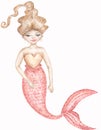 Watercolor underwater illustration with mermaid in pink color, cute kids clipart