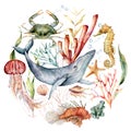 Watercolor underwater life composition of coral reef plants, animals and shells. Hand painted tropical card isolated on