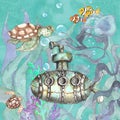 Watercolor underwater sea life whimsical children illustration
