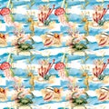 Watercolor underwater seamless pattern. Hand painted crab, jellyfish, seahorse and shell illustration isolated on blue
