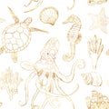 Watercolor underwater seamless pattern. Hand painted golden octopus, turtle, seahorse, laminaria, shell and coral reef Royalty Free Stock Photo