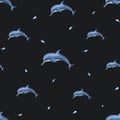 Watercolor underwater seamless pattern of swimming dolphins isolated on black background. Print for design, background, menus,