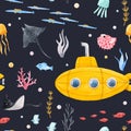 Watercolor underwater submarine vector pattern