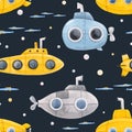 Watercolor underwater submarine vector pattern