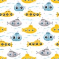 Watercolor underwater submarine vector pattern