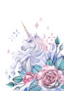 Watercolor unicorn decorated with roses and crystals Royalty Free Stock Photo