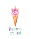 Watercolor unicorn ice cream card. Unicorns are real. For design