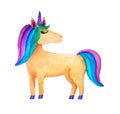 Watercolor unicorn illustration, fairy tale creature, rainbow hair, cartoon animal clip art, isolated on white background Royalty Free Stock Photo