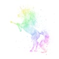 Vector watercolor unicorn silhouette painting with splash texture isolated on white background. Cute magic creature