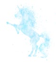 Watercolor unicorn silhouette painting with splatter isolated on white background. Blue magic creature illustration