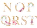 Watercolor unicorns letters.
