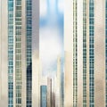 Watercolor of Unique skyscraper design featuring a Fibonacci spiral and windows arranged in a logarithmic spiral