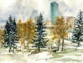 watercolor urban landscape