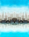 Watercolor urban silhouette of a big city in the morning in a haze. Blue sky, symmetrical buildings with luminous windows are