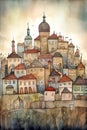 Watercolor urban sketch of Old Town of European. Cute cartoon illustration. Generative AI