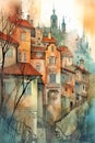 Watercolor urban sketch, old town of European. Cute cartoon illustration. Generative AI Royalty Free Stock Photo