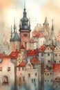 Watercolor urban sketch. Old town of European. Cute cartoon illustration. Generative AI Royalty Free Stock Photo
