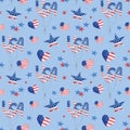 Watercolor USA patriotic seamless pattern. Hand drawn bunch of balloons, stars, hearts in blue and red colors of Royalty Free Stock Photo