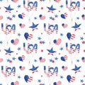 Watercolor USA patriotic seamless pattern. Hand painted bunch of balloons, stars and hearts in blue and red colors of Royalty Free Stock Photo