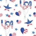 Watercolor USA patriotic seamless pattern. Hand painted bunch of balloons, stars and hearts in blue and red colors of Royalty Free Stock Photo