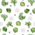 Watercolor ÃÂute seamless pattern vegeterian healthy food. Hand painted vegetable Brussels sprouts, Broccoli for kids.