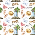 Watercolor vacation vibes seamless pattern. summertime beach print. Hand drawn swimsuit, beach hat, sandals, seashell, palm tree