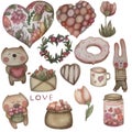 watercolor valentinas day set heart bear rabbit Royalty Free Stock Photo