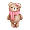 Watercolor valentine baby teddy bear in pink scarf and bow illustration.Cute baby teddy bear watercolor clipart
