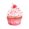 Watercolor Valentine Clipart of strawberries cupcake. Ai Generate