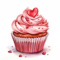 Watercolor Valentine cupcake, isolated Cupcake clipart. Valentine\'s Day, Birthday, Holiday, Food