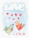 Watercolor Valentine Day card with birds couple Royalty Free Stock Photo