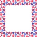 Watercolor valentine frame of pink,purple,violet hearts on white background