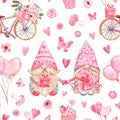 Watercolor Valentine gnome couple seamless pattern. Cute elf repeat print with pink bicycle, flowers, gift, air balloons