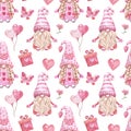 Watercolor cute gnomes couple seamless pattern. Valentines day themed design. Hand drawn Nordic elf print. Pastel pink color Royalty Free Stock Photo