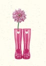 Watercolor Valentine greeting card with pink wellies and gerbera. Rubber boots with flowers and I love spring card Royalty Free Stock Photo