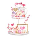 Watercolor Valentine's day arrangement. Hand drawn tiered tray illustration with cute decor isolated on white background