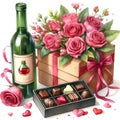 watercolor Valentine\'s day background with gift box, glass of red wine roses and chocolate candies. Royalty Free Stock Photo