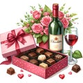 watercolor Valentine\'s day background with gift box, glass of red wine roses and chocolate candies. Royalty Free Stock Photo