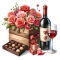 watercolor Valentine\'s day background with gift box, glass of red wine roses and chocolate candies. Royalty Free Stock Photo