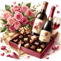 watercolor Valentine\'s day background with gift box, glass of red wine roses and chocolate candies. Royalty Free Stock Photo