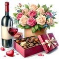 watercolor Valentine\'s day background with gift box, glass of red wine roses and chocolate candies. Royalty Free Stock Photo