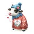 Watercolor Valentine's Day card, children's illustration with animal cow. Royalty Free Stock Photo