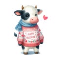 Watercolor Valentine's Day card, children's illustration with animal cow. Royalty Free Stock Photo